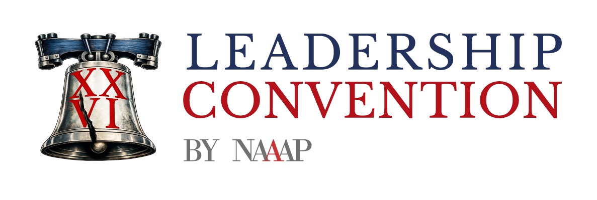 Transparent Vertical primary logo for Leadership Convention 2026 by NAAAP, with a Liberty Bell icon and the Roman numerals XXVI for the 26th convention in Philadelphia.