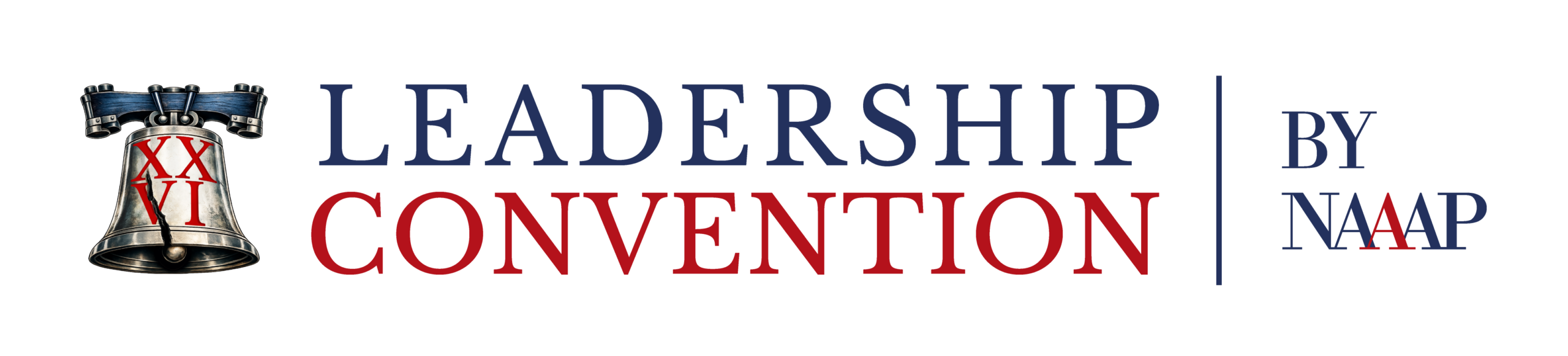 Transparent horizontal logo for Leadership Convention 2026 by NAAAP, with a Liberty Bell icon and the Roman numerals XXVI for the 26th convention in Philadelphia.